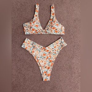 New large orange floral bikini swimsuit festival boho hippie white top outfit
